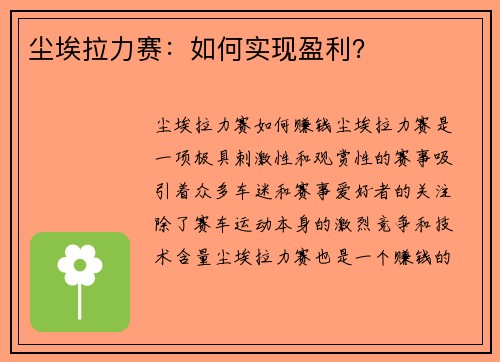 尘埃拉力赛：如何实现盈利？