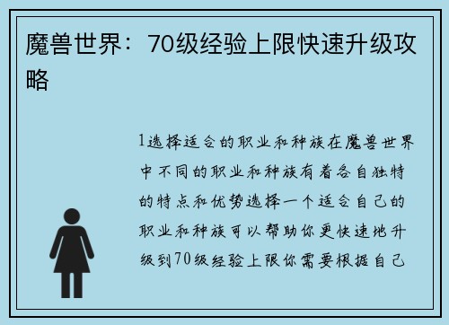 魔兽世界：70级经验上限快速升级攻略