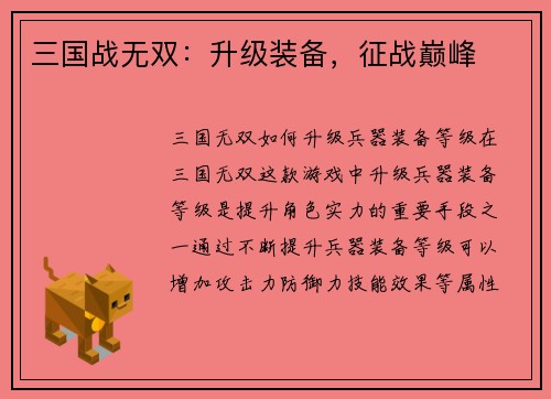 三国战无双：升级装备，征战巅峰